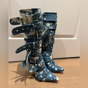 AKIRA Blue Tie-Dye Buckle Ankle Boots